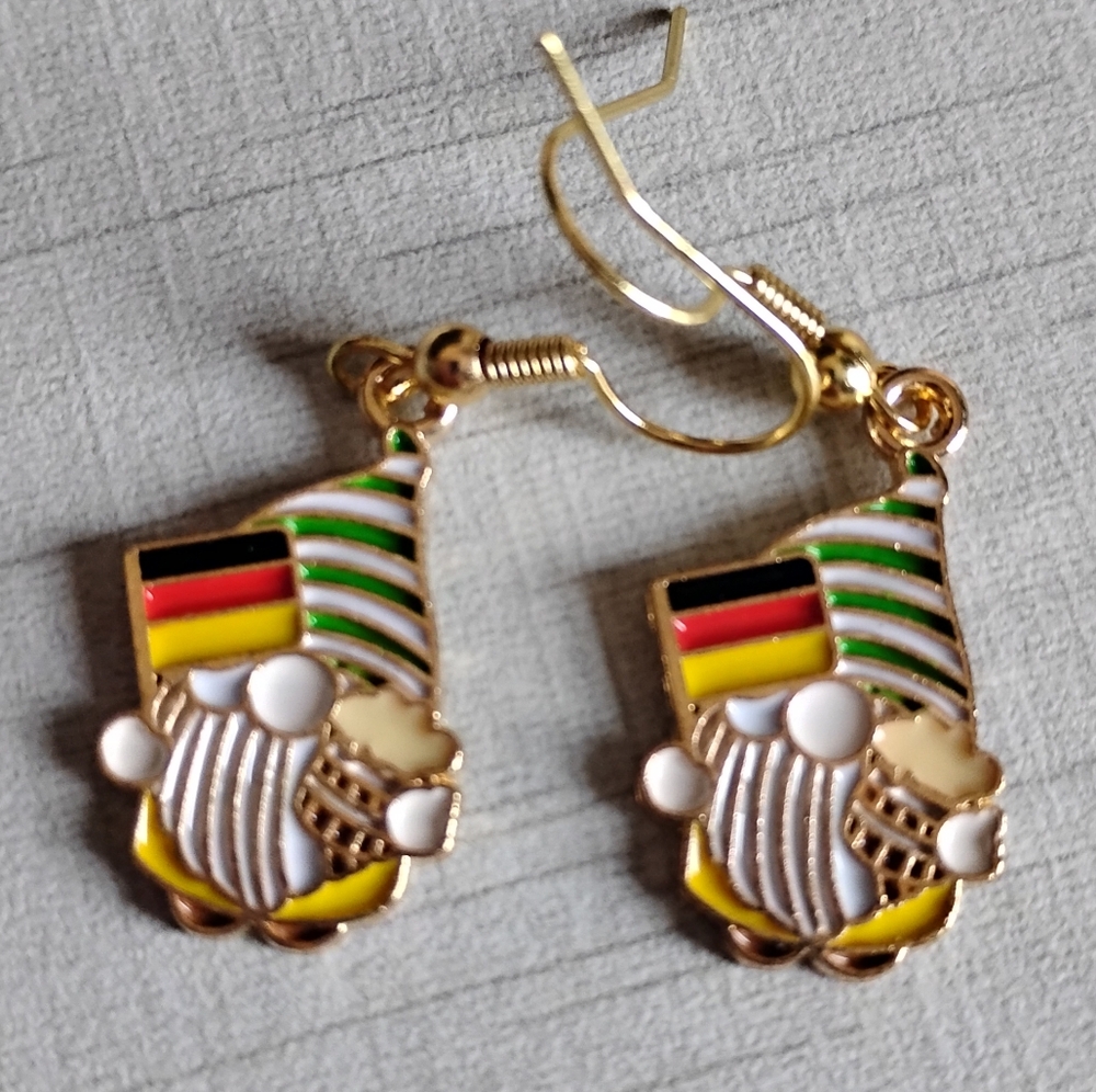 Oktoberfest Gnomes German Flag Earrings 18k Gold Plated Nickel Free Hooks